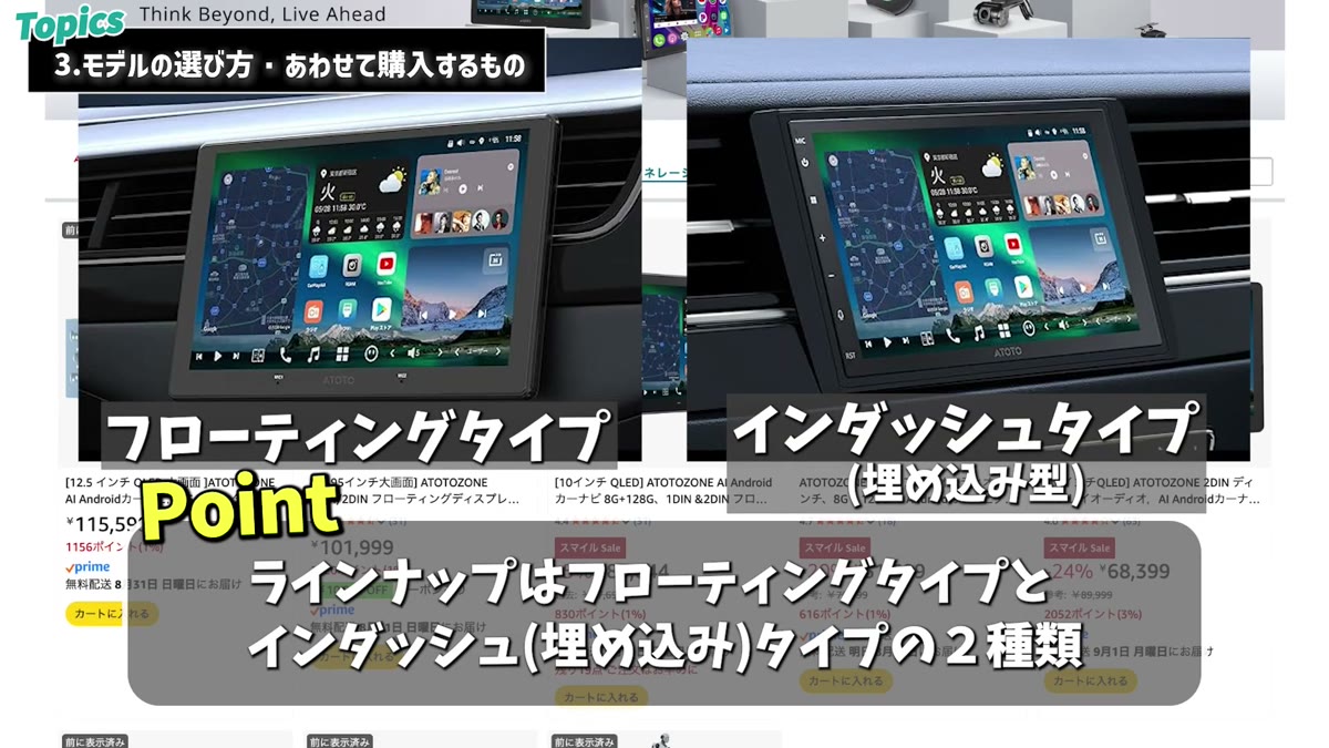 フローティングタイプとインダッシュタイプの2種類