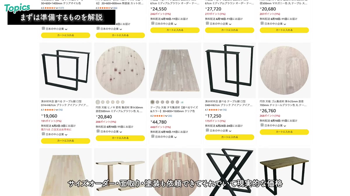 Amazonの清水材木店で販売されているオーダー天板