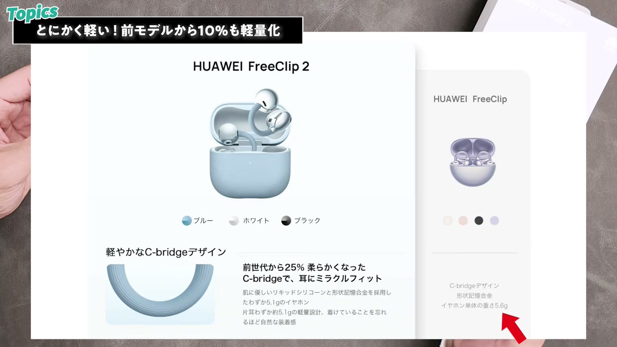 前モデルとの重量比較。片耳5.1gに軽量化
