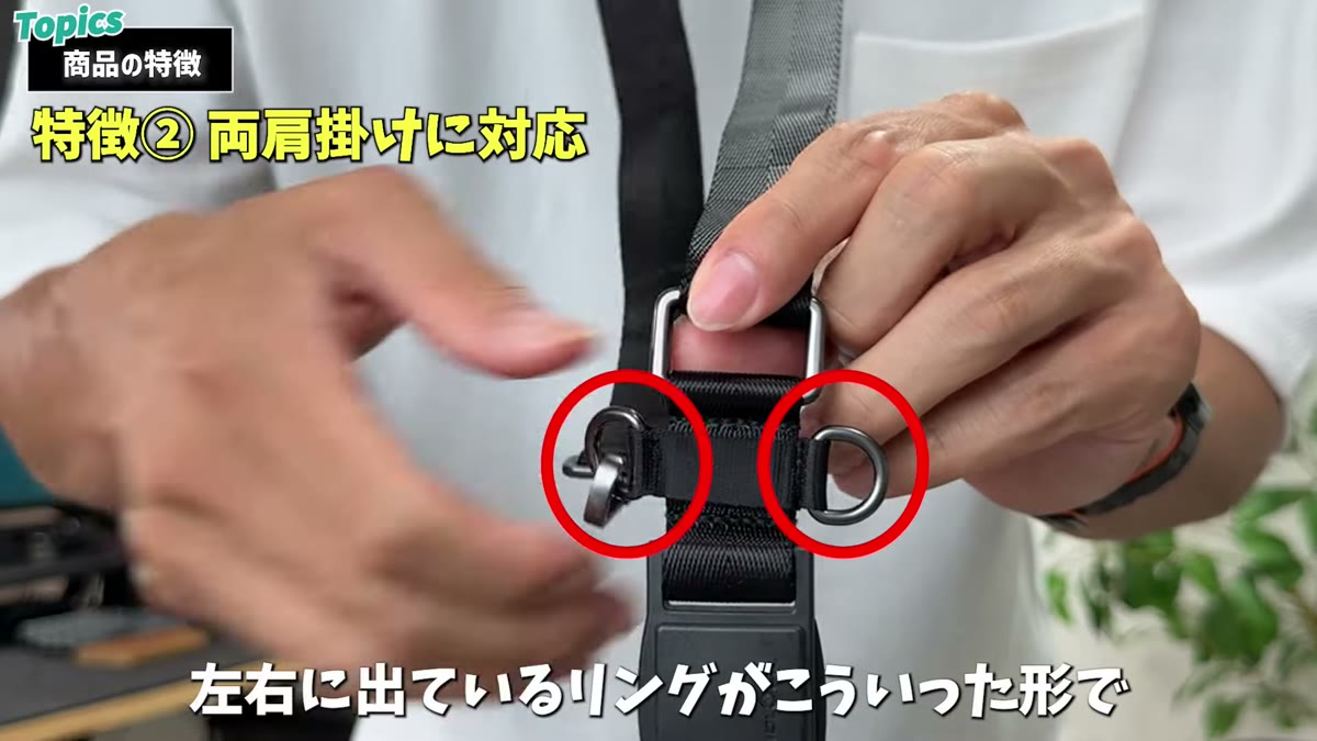 左右にリングがあり右肩掛け・左肩掛けどちらにも対応