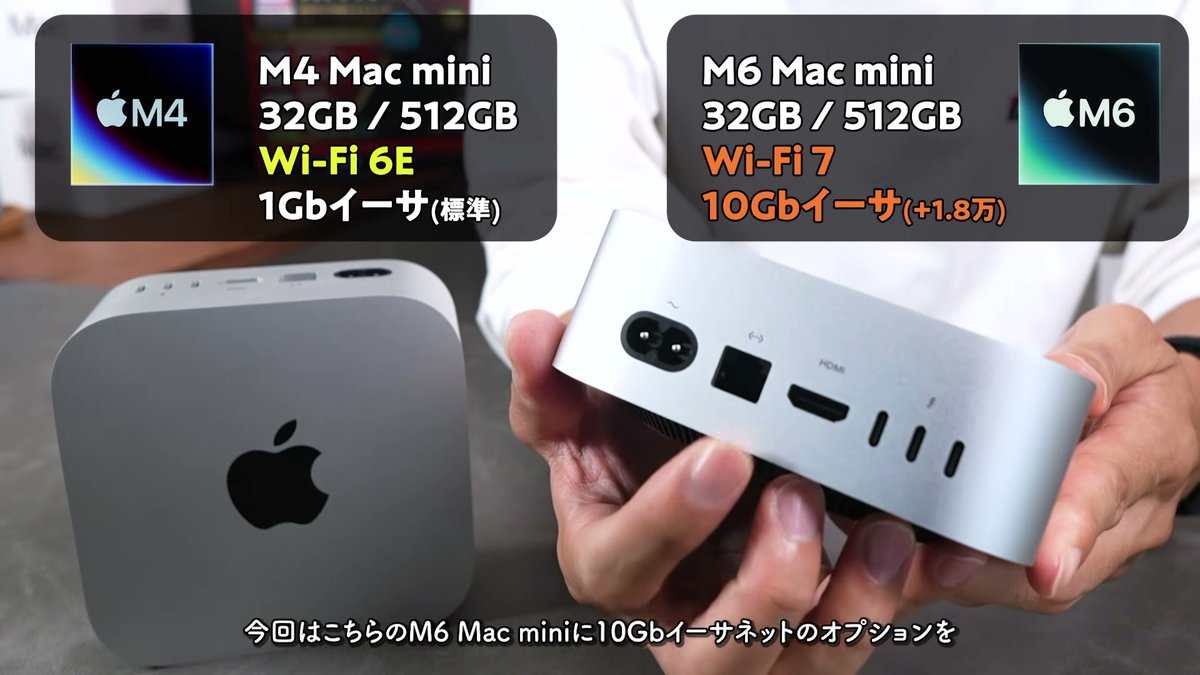 M4 Mac mini（左）とM6 Mac mini（右）の構成比較